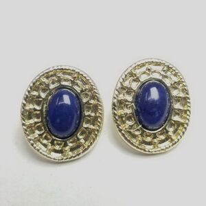 Vintage Blue Cabochon and Gold Tone Stud Earrings, Lightweight, Retro Estate